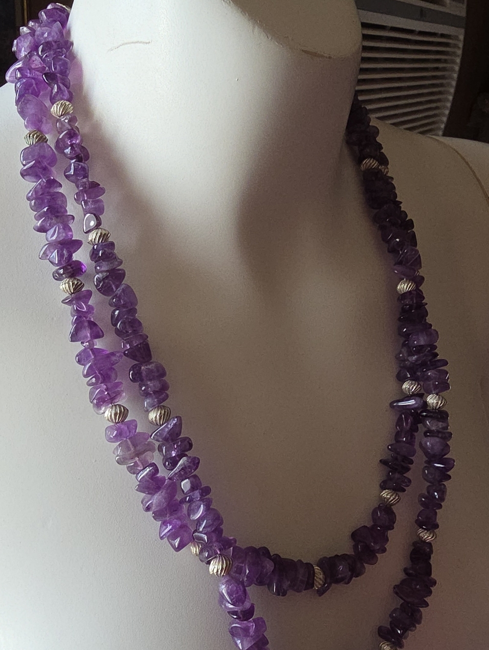 Purple Amethyst Chip Necklace with Silver Accent Beads Clasp Marked 925